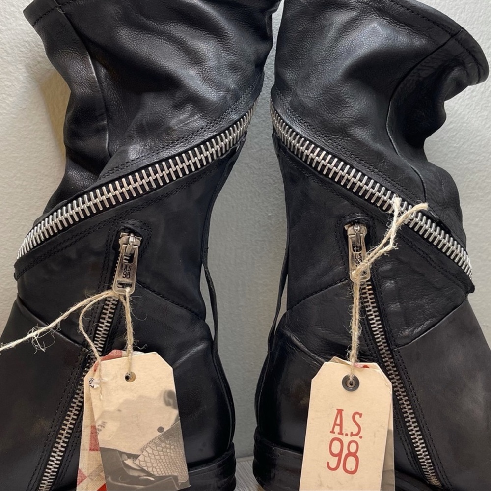 A.S.98 Black Leather Mid-Calf Moto Boots with Silver Zippers - Picture 5 of 16